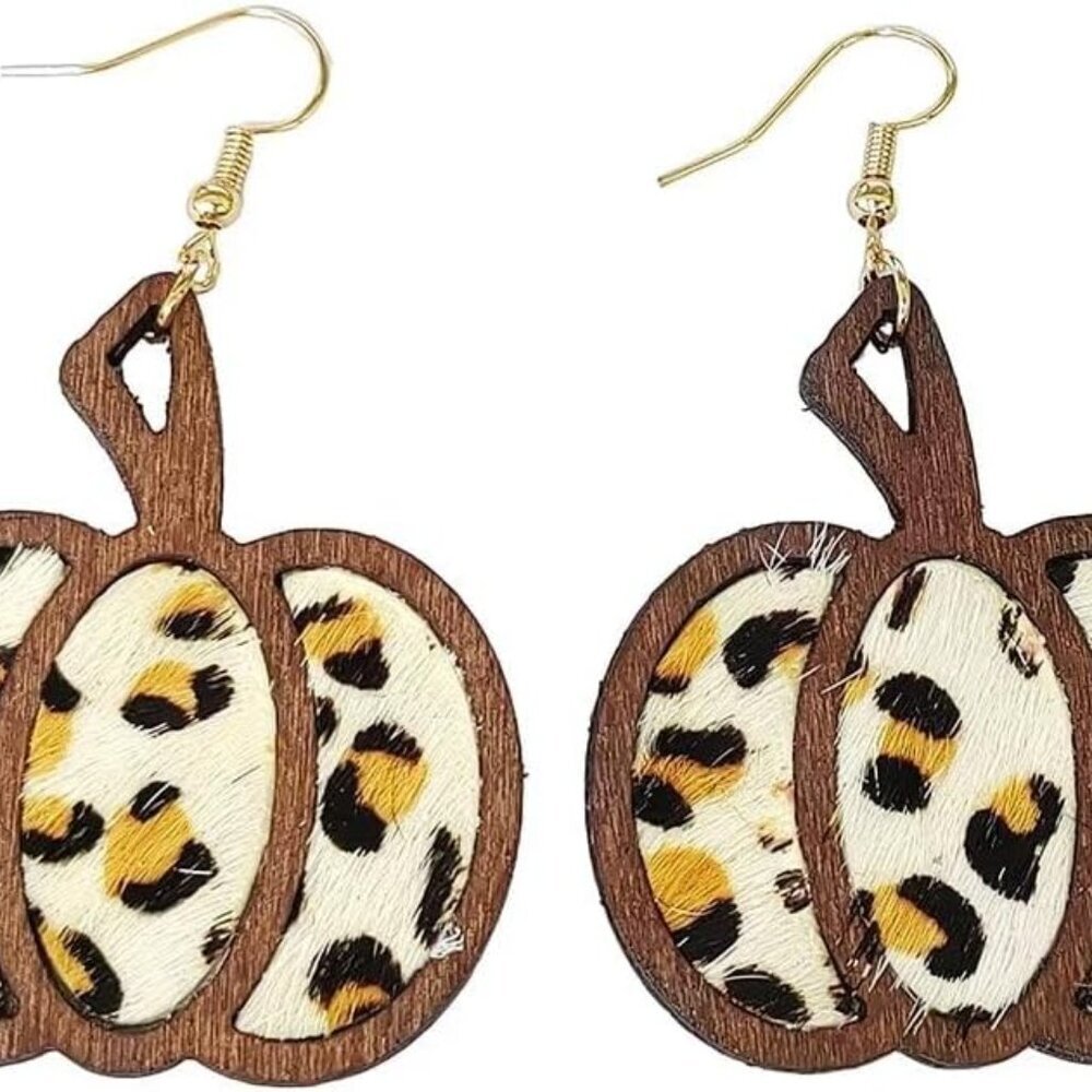 Thanksgiving Fall Pumpkin Leopard Print Acrylic Wooden Dangle Drop Earrings Hand